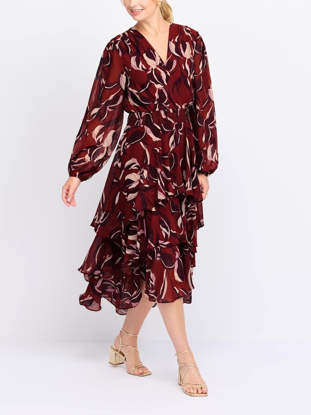 Steve Madden Bei Floral Long Sleeve Tiered High-Low Autumn Wedding Guest Dress - Picture 2 of 8